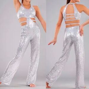WEISSMAN Elite Dance silver sequin Unitard Oops I Did It Again 17759 MA adult